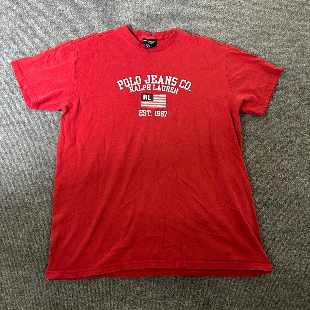 Polo Jeans Co. T Shirt Mens Size L Red Graphic Est 1967 Short Sleeve Cotton Tee